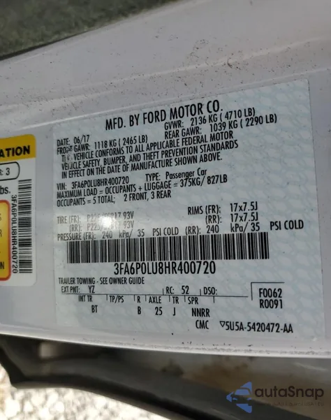 2017 Ford Fusion Se Hybrid from USA, damaged, VIN 3FA6P0LU8HR400720